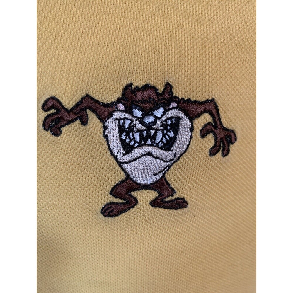 Tasmanian Devil Polo Shirt Mens L Yellow Embroider Taz Looney Tunes Warner Bros